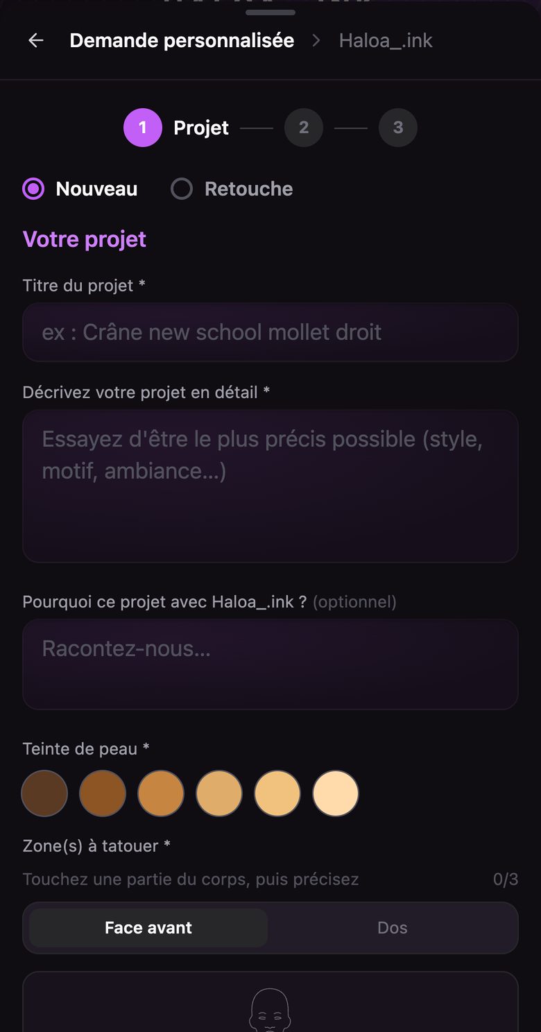Demande personnalisée sur téléphone : titre et description du projet, teinte de peau.
