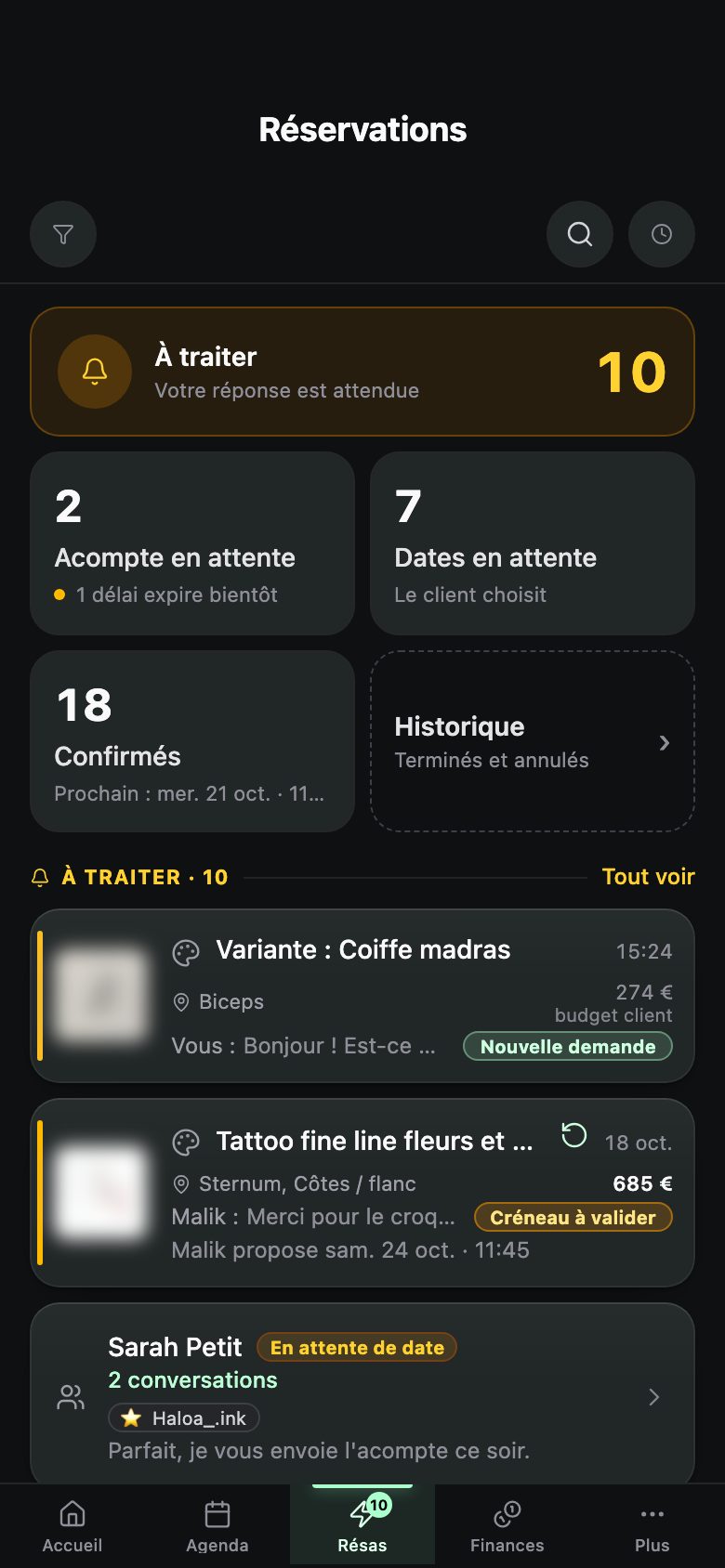 Les demandes à traiter, avec le dernier message et ce qu'il reste à faire.