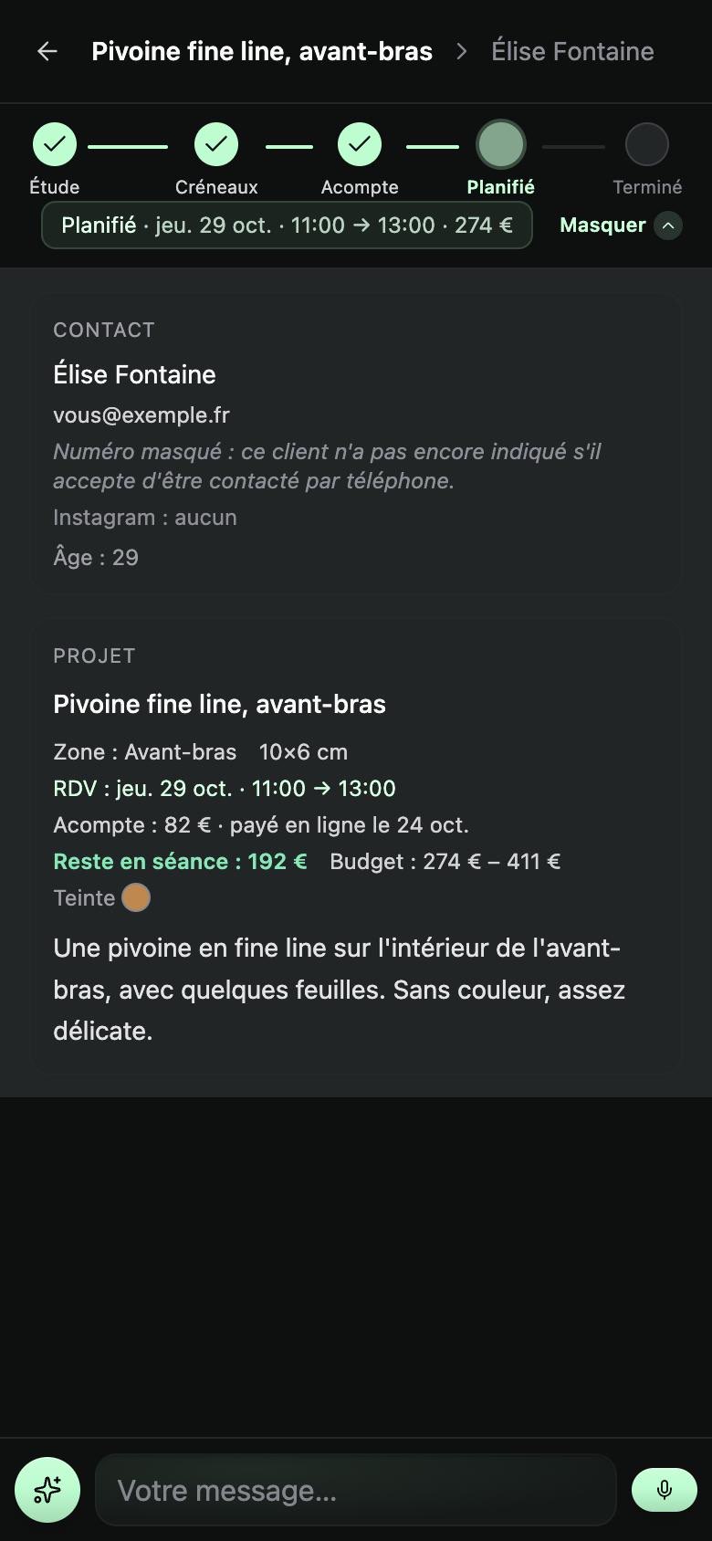 La fiche d'une séance : le projet, l'acompte, le reste à régler.